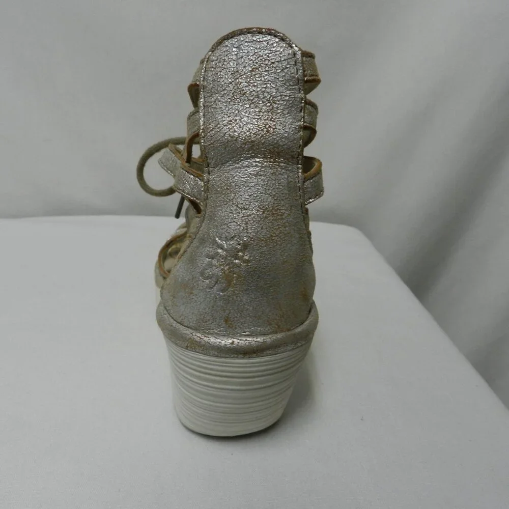 Fly London Yuke Leather Wedge Gladiator strappy sandals heels silver Size 38  8